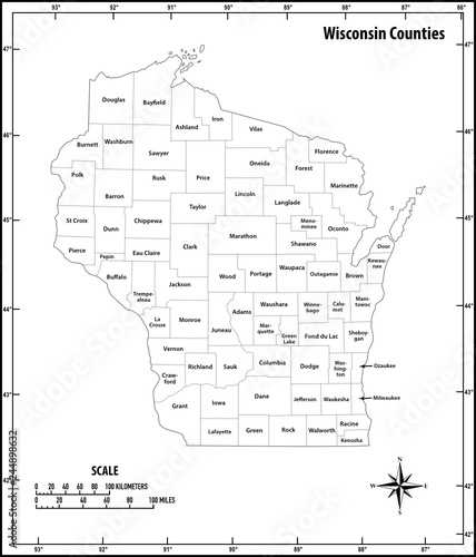 wisconsin state outline administrative and political vector map in black and white