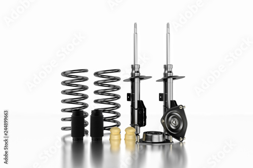 3D rendering. Passenger car Shock Absorber with dust cap, buffer mounting and strut mounting - new auto parts, spare parts. Spare parts for shop, aftermarket OEM