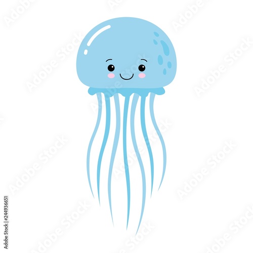 Vector illustration of cartoon funny blue jellyfish isolated on white background. Kawaii