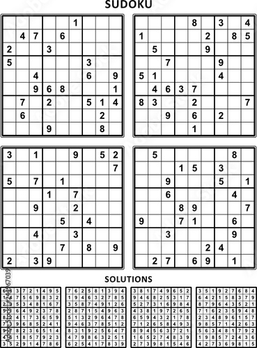 Four sudoku puzzles of comfortable (easy, yet not very easy) level, on A4 or Letter sized page with margins, suitable for large print books, answers included. Set 8. 