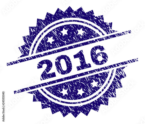 2016 stamp seal watermark with distress style. Blue vector rubber print of 2016 caption with dirty texture.