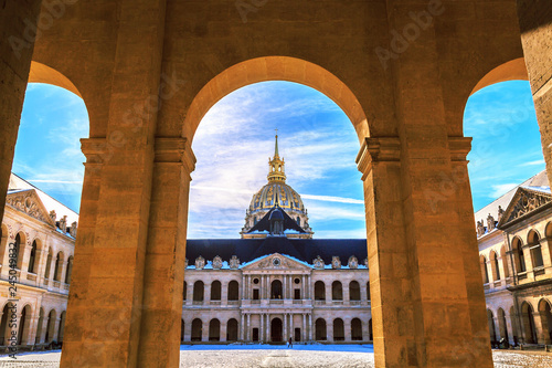 Main courtyard of Les Invalides (National Residence of Invalids) in Paris. Facade of church. French baroque architecture. Museums and monuments, military history of France.
