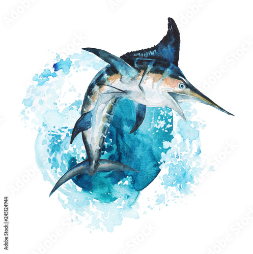 Watercolor hand-drawn marlin illustration - jumping up from the foamy ocean wave, playful, happy. Character, logo, children wallpaper, doodle, cartoon. Marine clip art. Ocean, sea inhabitant.