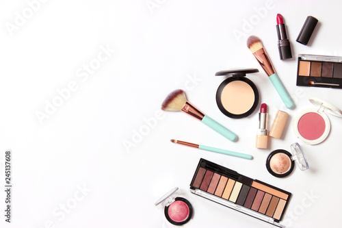 professional makeup tools. Products for makeup on a white background top view. A set of various products for makeup.