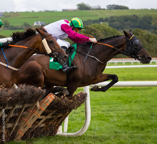 Race horse and jockey action jumping over a hurdle on the racetrack 