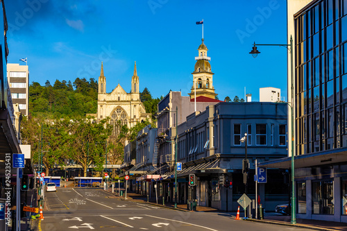 New Zealand, South Island. Dunedin - Stuart Street. There are St. Paul's Cathedral and Dunedin Town Hall in the background