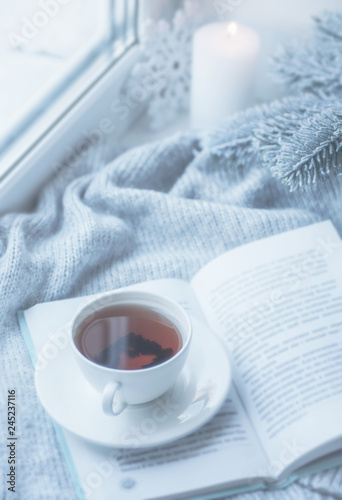 Cozy winter still life: mug of hot tea and book with warm plaid on windowsill against snow landscape from outside.
