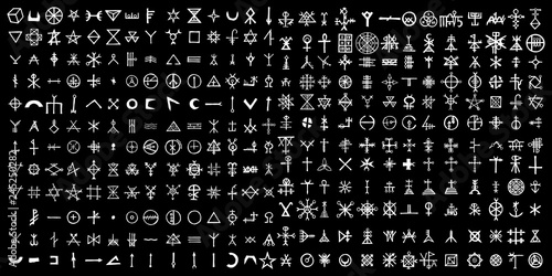 Large set of alchemical symbols on the theme of old manuscript with occult lyrics alphabet and symbols. Esoteric written signs inspired by medieval writings. Vector