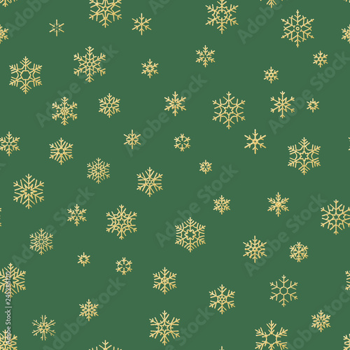 Merry Christmas holiday, Happy New Year celebration golden decoration, simple seamless snowflake pattern. Green wallpaper, wrapping decoration. EPS 10