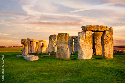 Close up view of Stonehenge monument. Sunset sky. United Kingdom.