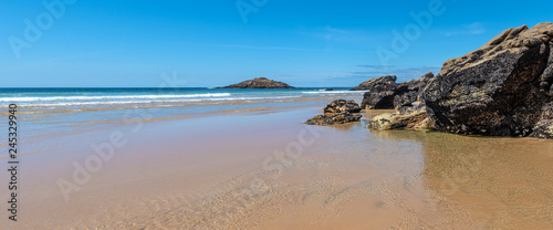 French landscape - Bretagne. A beautiful beach with rocks at low tide. Panoramic view.