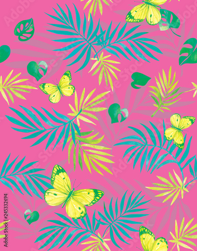  Watercolor pattern in neon colors with yellow butterflies and blue tropical leaves on a bright pink background.