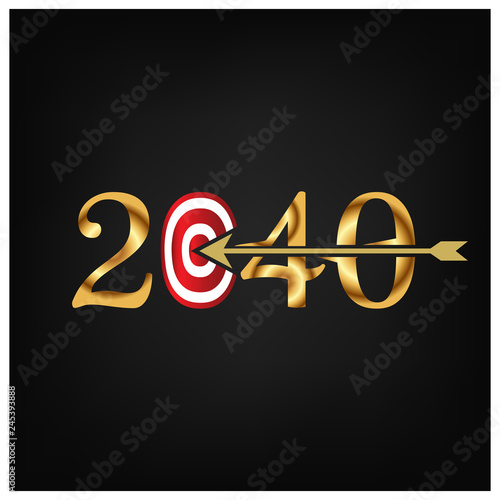 2040 with on target and one arrow hitting the center, Vector illustration on black background.