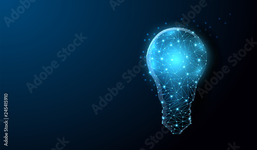 Lightbulb low poly design with connecting dots, stars. Internet technology icon triangle polygonal network concept. Blue sky background, polygon wireframe connected point illustration