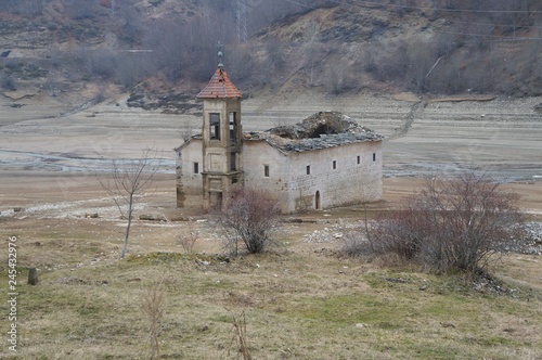 The St Nicholas Church near Mavrovo lake in Macedonia. It was built in 1853 and submerged in the lake in 1953