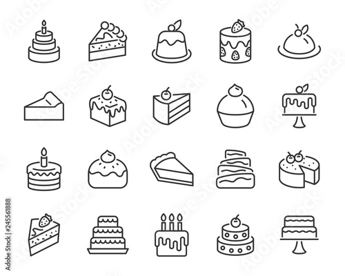 set of bakery icons, such as cake, doughnut, bread, cheese, pie, tart