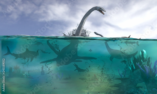 different aquatic dinosaurs render 3d