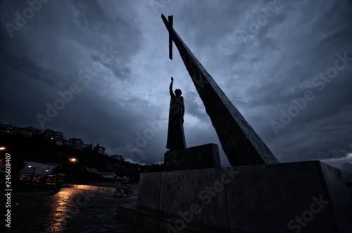 view of pythagoras statue at night at Samos island, Greece