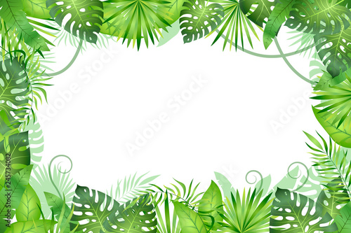 Jungle background. Tropical leaves frame. Rainforest foliage plants, green grass trees. Paradise african wildlife jungle