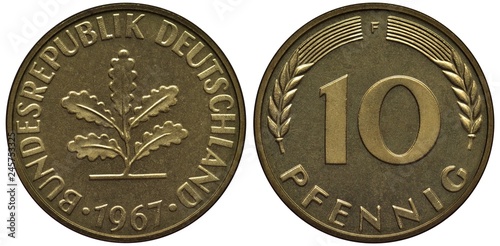 Germany German coin 10 ten pfennig 1967, oak leaves in center surrounded y country name, date below, large digit of denomination flanked by grain stalks,