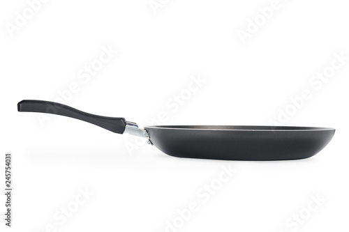 Black frying pan isolated on white with clipping path