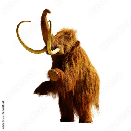 woolly mammoth standing on two legs, extinct prehistoric animal isolated with shadow on white background (3d rendering)