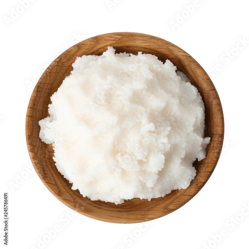 Shea butter in bowl isolated on white, top view