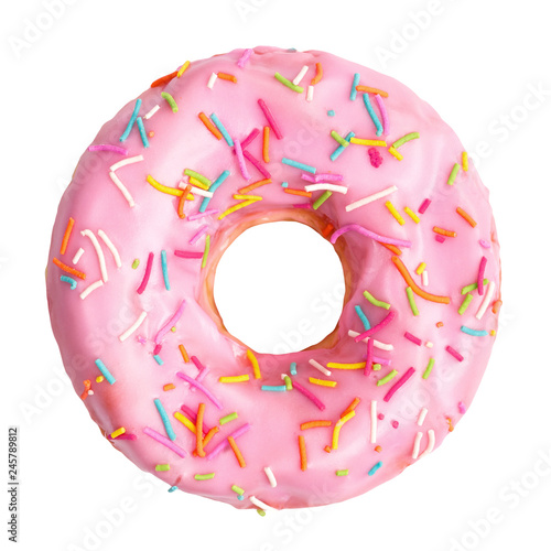 Pink donut decorated with colorful sprinkles isolated on white background. Flat lay. Top view