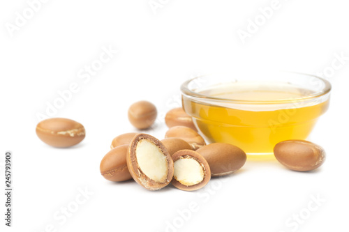 ARGAN SEEDS isolated on a white background. Argan oil and argan nuts concept