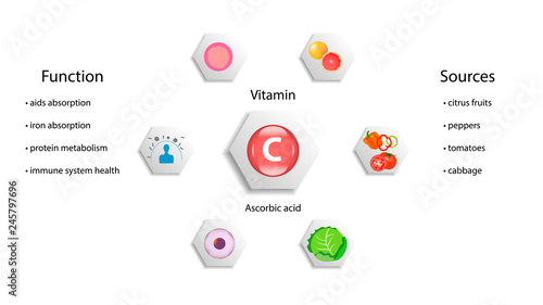 Vitamin C vector design. Vitamin C function and sources. Ascorbic acid