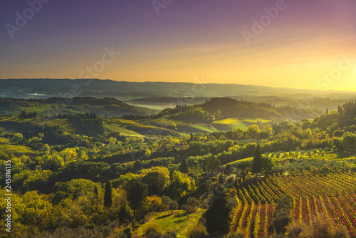 Panoramic view of countryside and chianti vineyards from San Gimignano. Tuscany, Italy