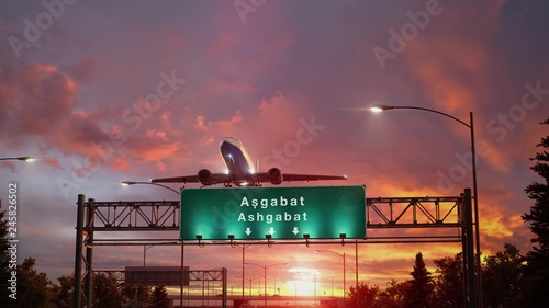 Airplane Take off Ashgabat during a wonderful sunrise