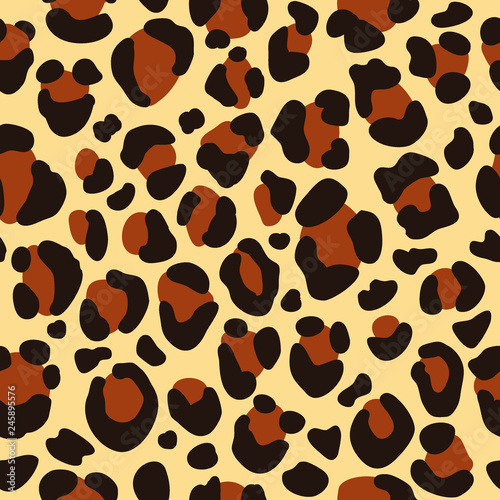 Leopard seamless pattern for fabric textile design, wild cat skin background, animal repeating texture vector illustration