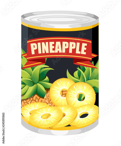 Pineapple in aluminum can. Canned sweet pineapple logo. Tinned pineapple rings. Product for supermarket and shop. Flat vector illustration isolated on white background