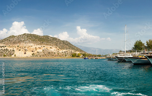 Sailing yacht in harbor, Turkey.