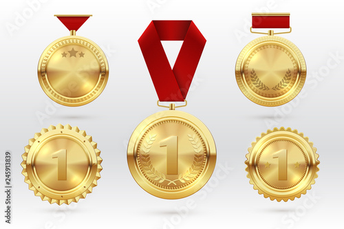 Gold medal. Number 1 golden medals with red award ribbons. First placement winner trophy prize. Vector set of golden award and medal trophy illustration