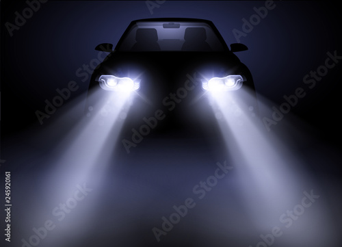 Bright and modern auto generic car headlights shining through fog at night. Vector illustration.