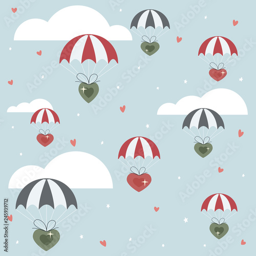 Valentines Hearts with Parachute on Blue Background