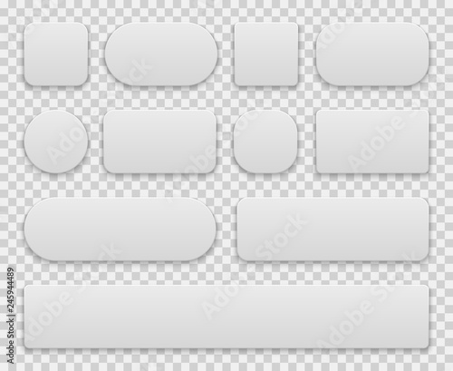White buttons. Oval round rectangle circle square icons app shape, sign plastic 3d realistic web interface elements