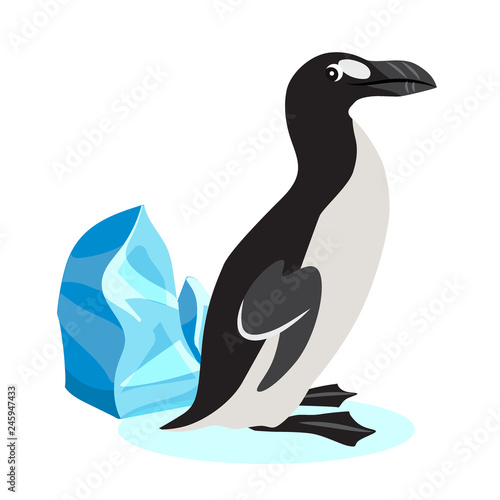 Cute great auk icon, black polar bird isolated on white background, extinct species, vector illustration