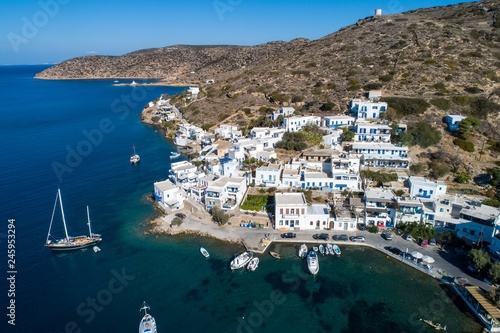 Aerial view of Katapola vilage, Amorgos island, Cyclades, Aegean, Greece