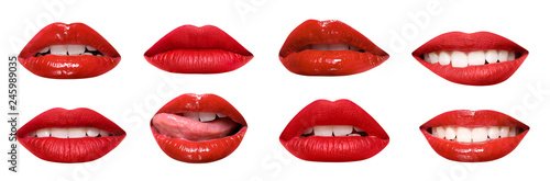 Set of mouths with beautiful make-up isolated on white. Red lipstick