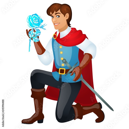 Young handsome prince with a sword holding an ice rose isolated on white background. Vector cartoon close-up illustration.