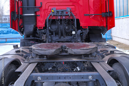 Rear of the tractor unit. Visible fifth wheel couplings are fitted to a tractor unit to connect it to the trailer.