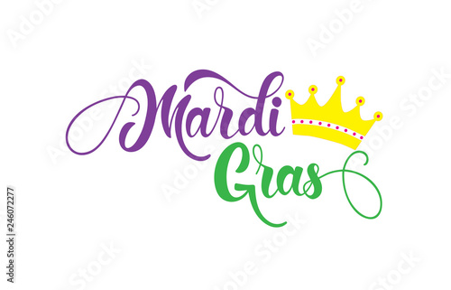 Mardi Gras logotype. Festival vector banner. Illustration with crown of Mardi Gras festival design on white background. Green, yellow and violet lettering typography for logo, poster, card, postcard.