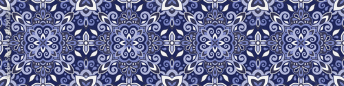 Ethnic style seamless pattern. Azulejo ceramic tile design. Zellige ornament. Talavera tracery motif. Portuguese, Spanish, Mexican, Brazilian folk print