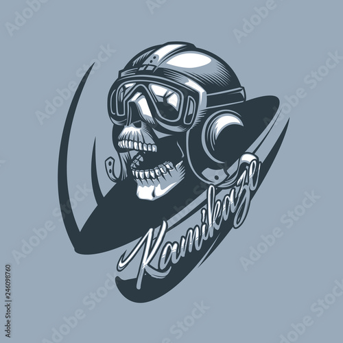 Kamikaze skull in the aircraft cabin. Monochromic tattoo style.