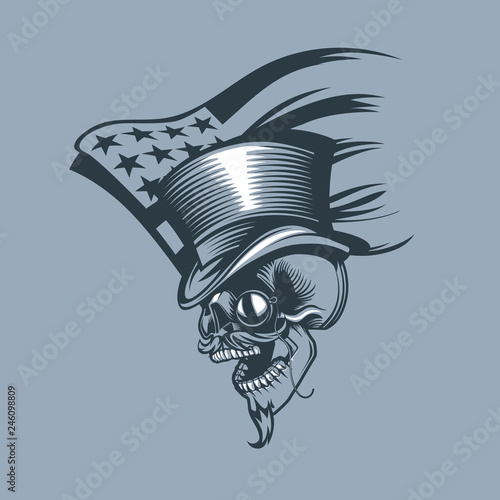 Skull in a Cylinder and pince-nez against the background of a patched US flag. Tattoo style.