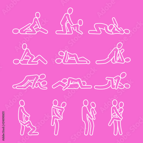 Vector love outline symbols. Sexual position line icons isolated on pink background illustration