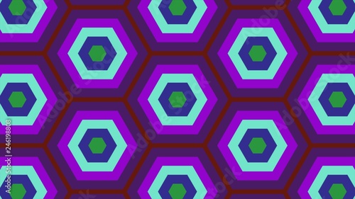 Abstract background of colorful hexagon and different surrounding rings. Abstract hexagon background.